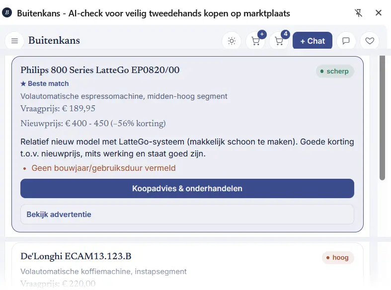 Buitenkans-paneel met een vergelijking van tweedehands advertenties, inclusief aandachtspunt en richtprijs