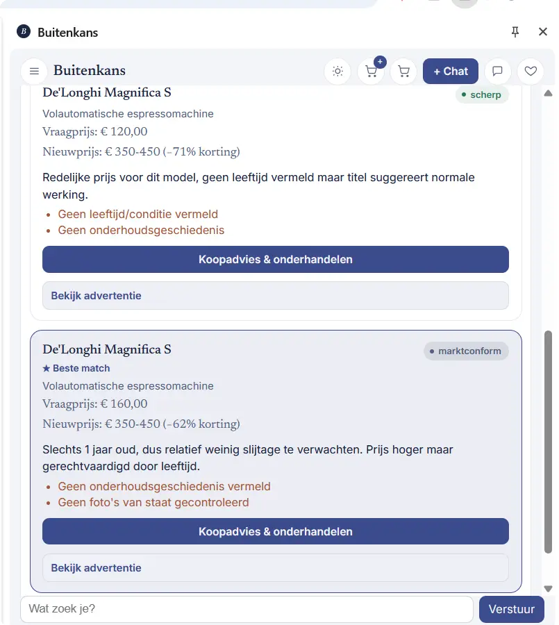 Twee bewaarde advertenties naast elkaar, beoordeeld als scherp en marktconform, met de ontbrekende informatie eronder.