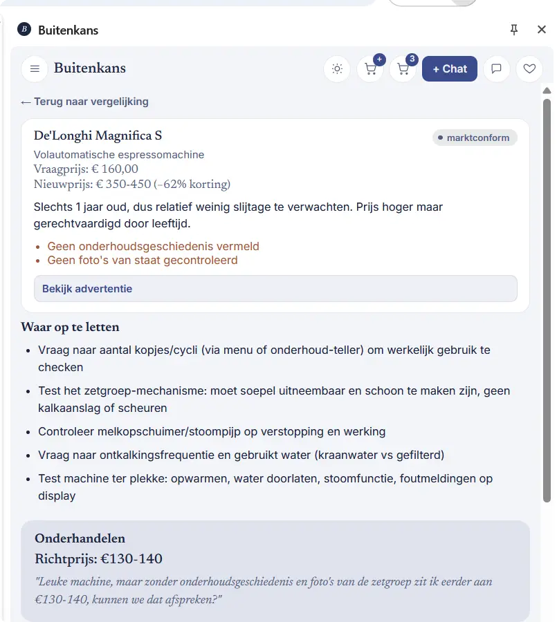 Koopadvies met aandachtspunten voor de bezichtiging, een richtprijs en een voorgestelde openingszin voor de verkoper.